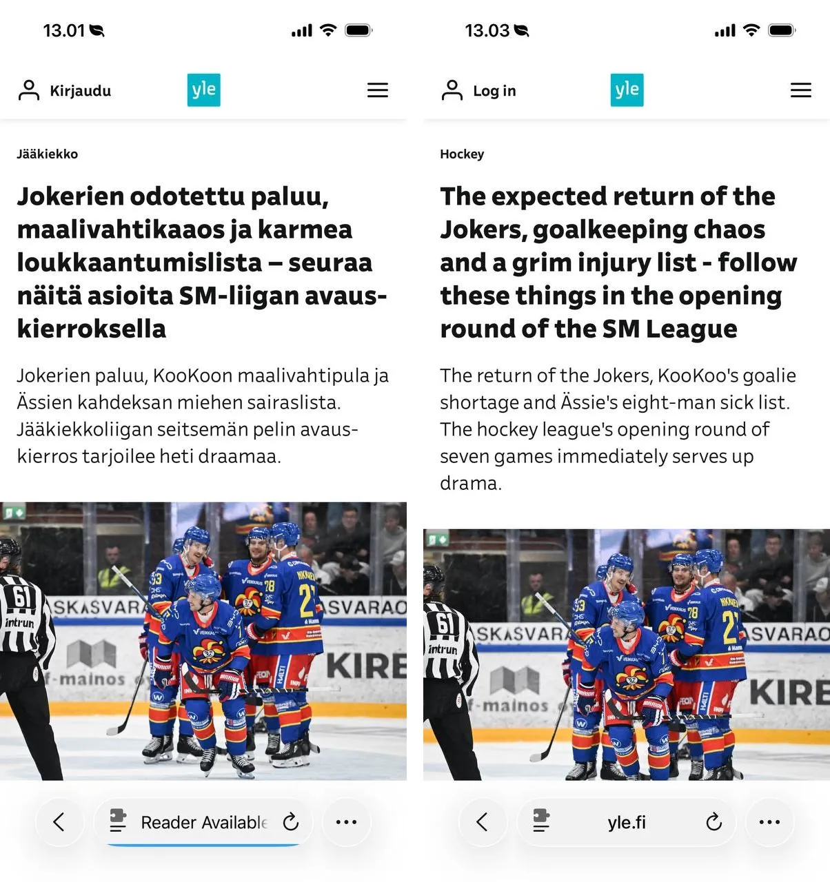 A Finnish yle.fi article and, beside it, the same article translated to English in place