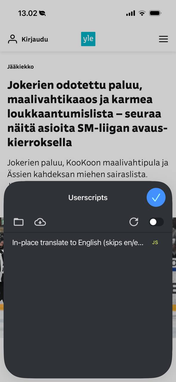 The Userscripts extension open in Safari, listing the in-place translate script